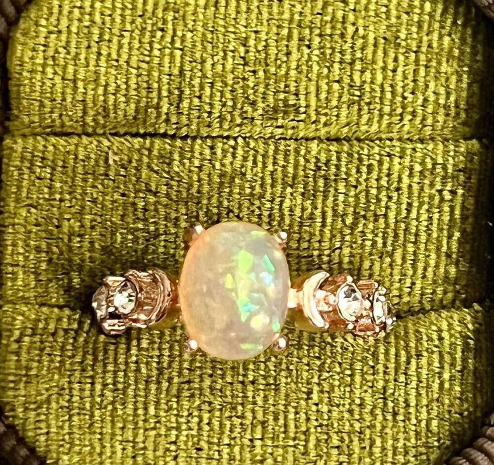 Opal and White Crystal Moon Design Rose Gold-Plated Ring Size 7